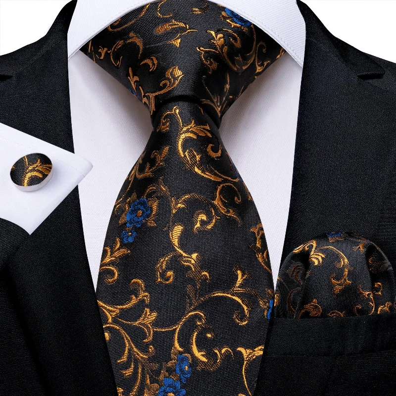 Men's premium silk tie-Classic Black Golden Floral Men's Tie Pocket Square Cufflinks Set