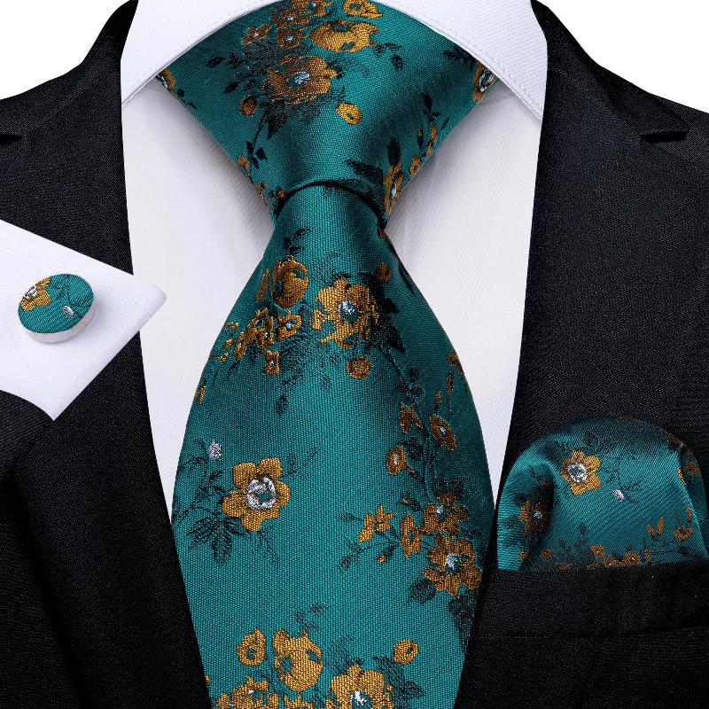 Men's tie with subtle stripes-Classic Green Floral Men's Tie Pocket Square Cufflinks Set