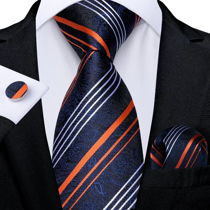 Affordable men's silk necktie-Classic Orange White Stripe Floral Men's Tie Pocket Square Cufflinks Set