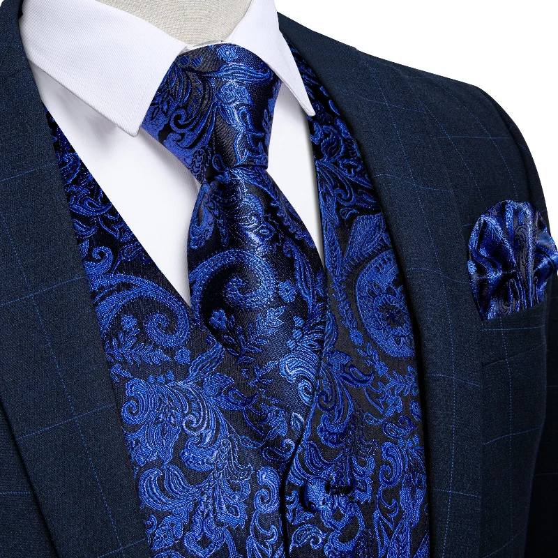 Modern men's necktie for work-Classy Blue Paisley Jacquard Silk Waistcoat Vest Necktie Handkerchief Cufflinks Suit Set