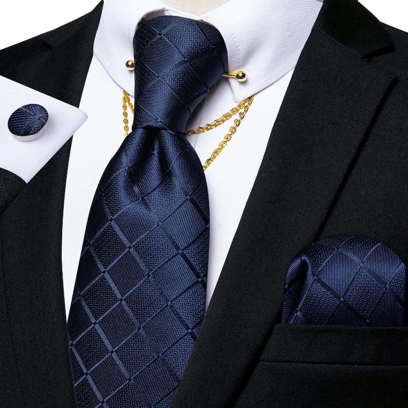 Men's patterned tie for the office-Classy Blue Plaid Men's Tie Handkerchief Cufflinks Set With Collar Pin