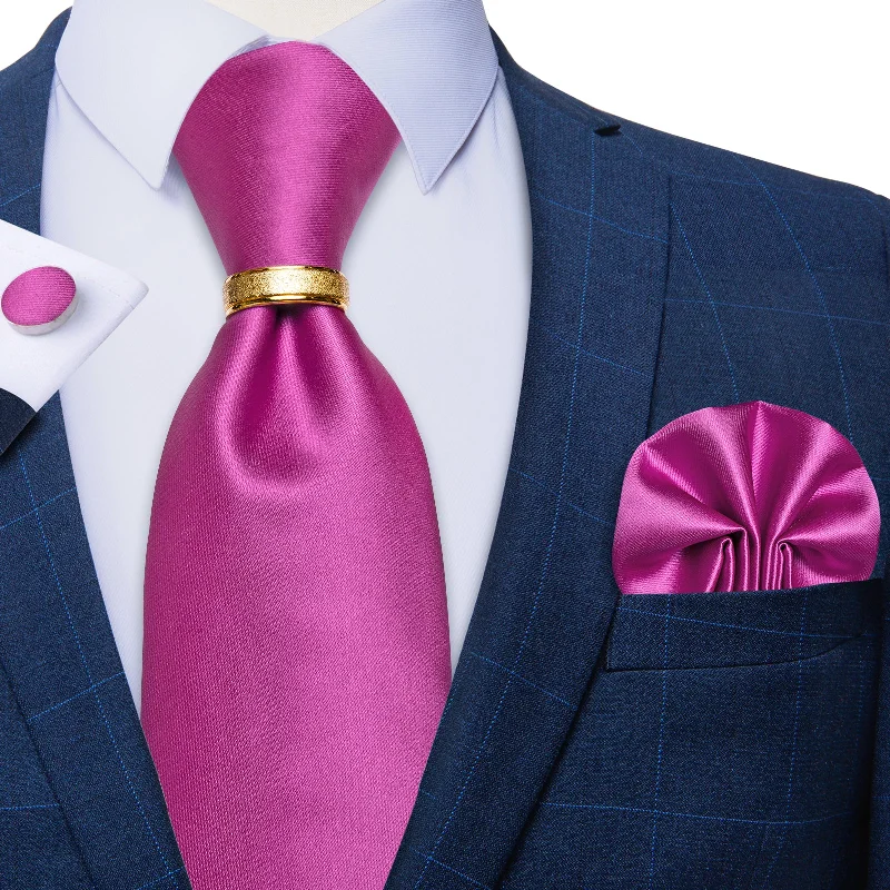 Men's tie with geometric design-4PCS Pink Solid Silk Men's Tie Pocket Square Cufflinks with Tie Ring Set