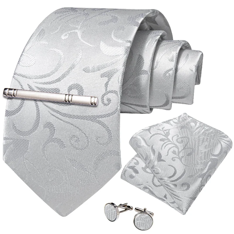 Men's tie for family gatherings-Grey Silver Floral Men's Tie Handkerchief Cufflinks Clip Set