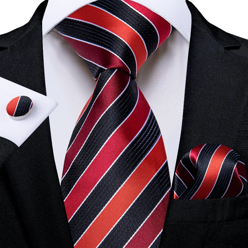 Designer men's ties-Black Red Striped Men's Tie Pocket Square Handkerchief Set