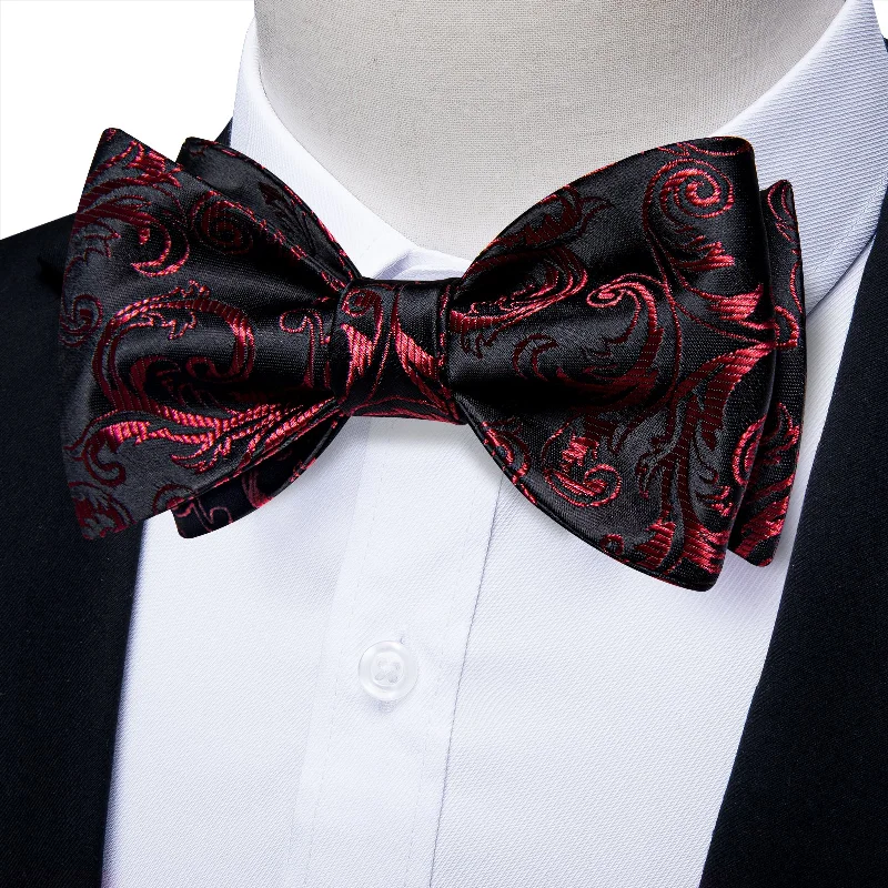 Men's patterned tie-Black Red Floral Self-Bowtie Pocket Square Cufflinks Set