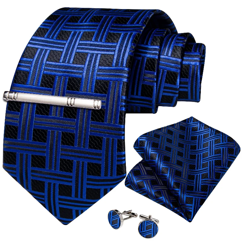 Men's tie for high-end occasions-Black Blue Striped Men's Tie Handkerchief Cufflinks Clip Set