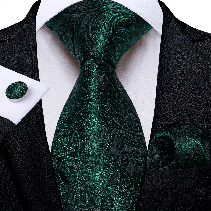 Stylish men's tie with a bold design-Green Floral Men's Tie Pocket Square Cufflinks Set