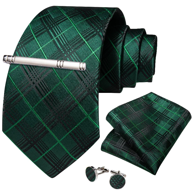 Men's unique tie for casual outfits-Green Striped Men's Tie Handkerchief Cufflinks Clip Set