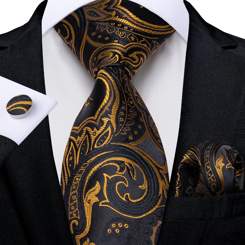 Men's tie for casual wear-Black Golden Floral Men's Tie Pocket Square Handkerchief Set