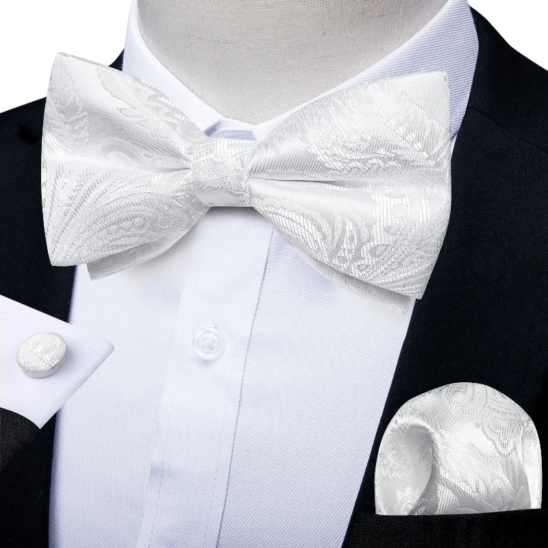 Men's high-end necktie-White Floral Men's Pre-Bowtie Square Handkerchief Cufflinks Set