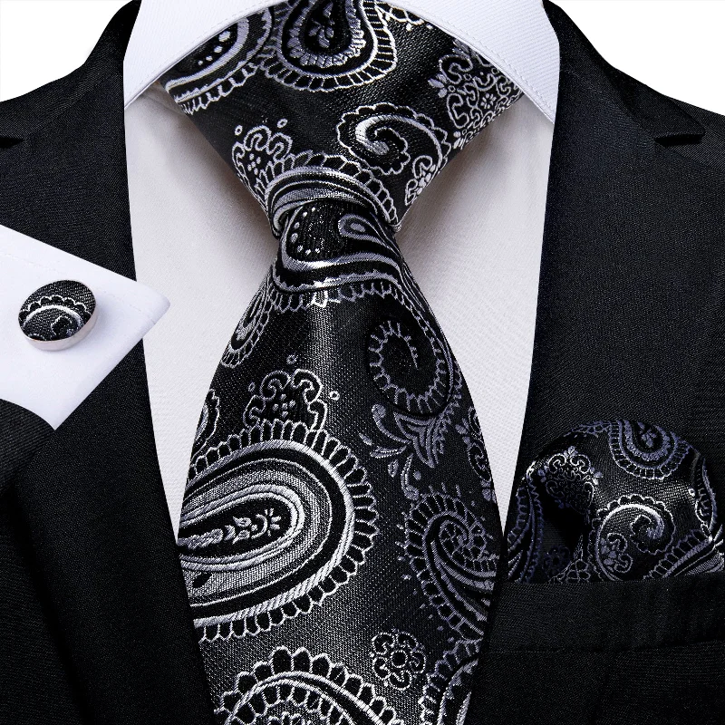 Men's tie with a sophisticated pattern-Black Silver Paisley Men's Tie Pocket Square Cufflinks Set