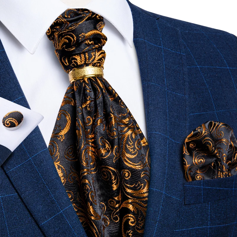 Men's tie with stripes-Black Golden Floral Silk Cravat Woven Ascot Tie Pocket Square Cufflinks With Tie Ring Set