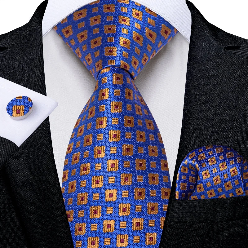 Men's tie with retro design-Blue Orange Green Plaid Men's Tie Pocket Square Handkerchief Set