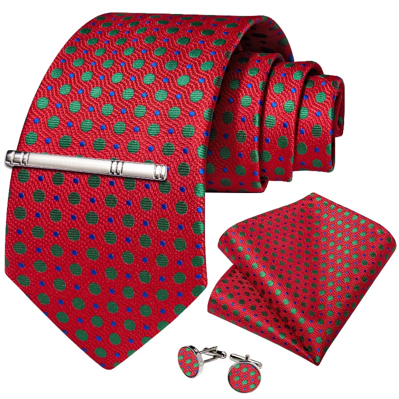 Men's tie for winter wedding-Red Blue Green Polka Dot Men's Tie Handkerchief Cufflinks Clip Set