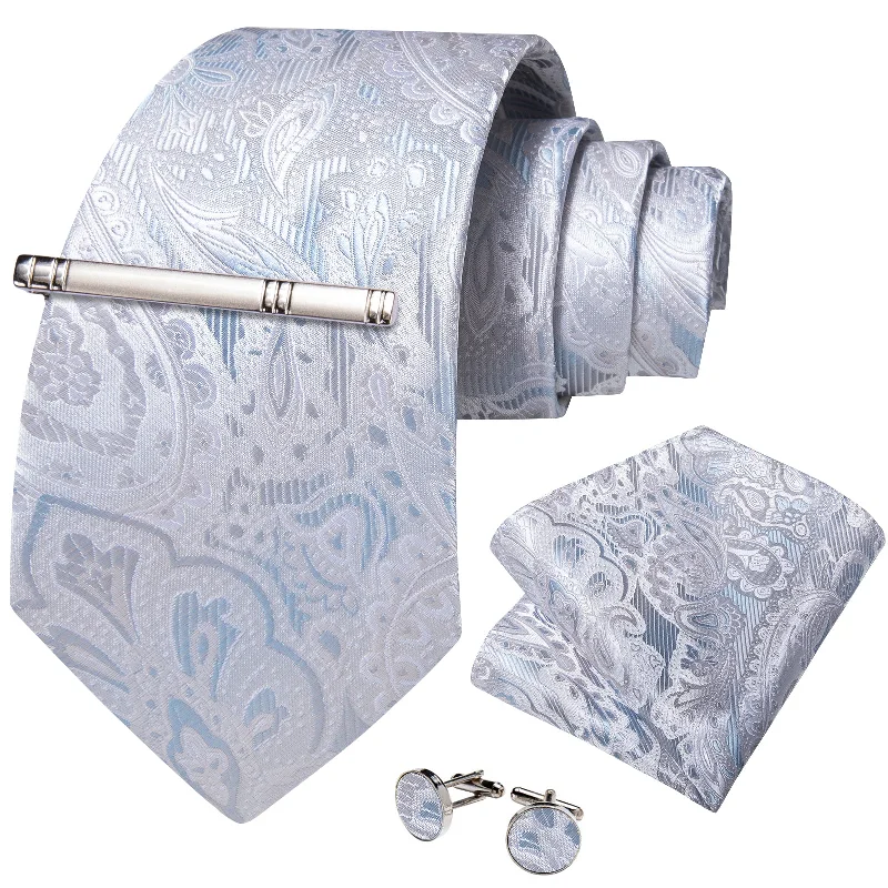 Men's tie with diagonal stripes-Silver Floral Men's Tie Handkerchief Cufflinks Clip Set