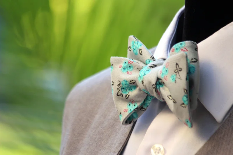 Unique necktie for men-Grey Teal Floral Self-Tie Bow Tie