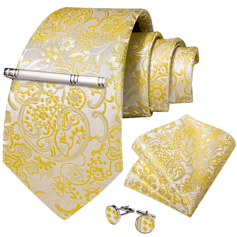 Men's necktie for upscale events-Yellow Floral Men's Tie Handkerchief Cufflinks Clip Set