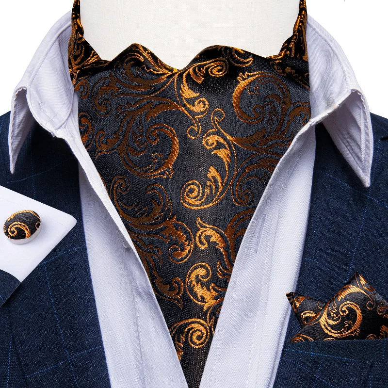 Men's tie for summer-Black Golden Floral Silk Cravat Woven Ascot Tie Pocket Square Handkerchief Suit Set