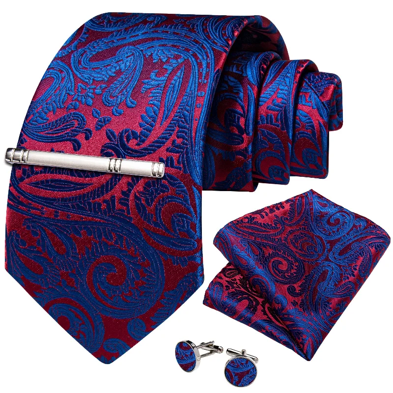 Men's tie for professional look-Red Blue Floral Men's Tie Handkerchief Cufflinks Clip Set