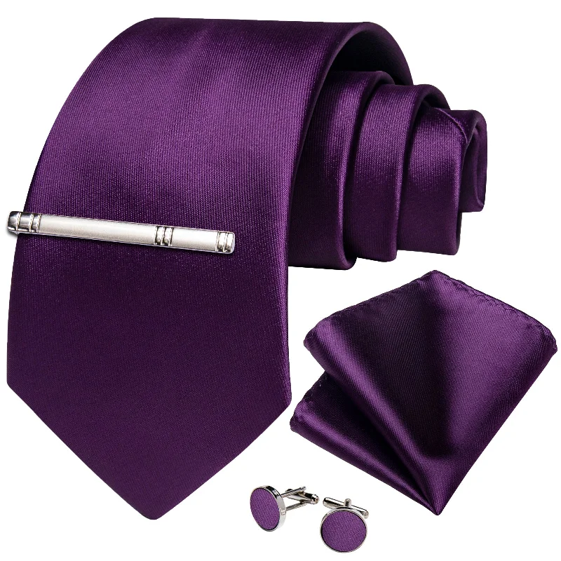 Men's bold striped tie-Purple Solid Men's Tie Handkerchief Cufflinks Clip Set