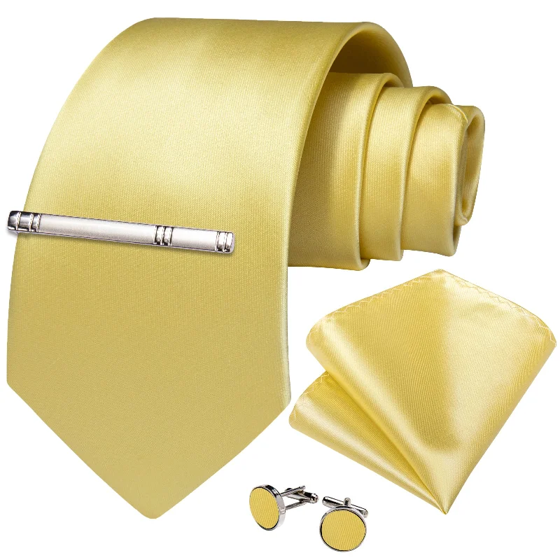 Men's tie for summer wedding-Light Yellow Solid Men's Tie Handkerchief Cufflinks Clip Set