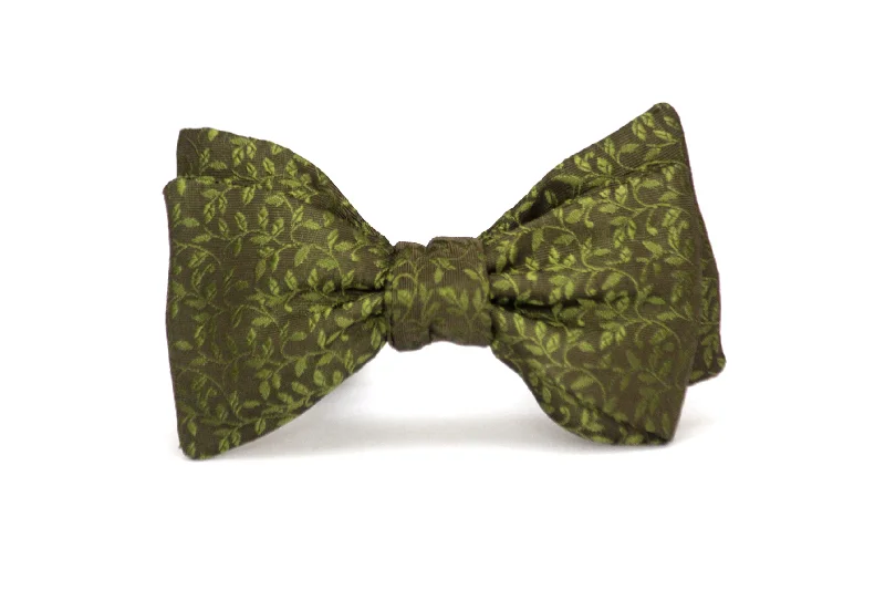 Men's modern necktie for business-Forest Green Leaf Ornament Silk Self-Tie Bow Tie