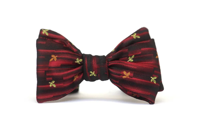 Professional silk tie for men-Maroon Gold Leaf Ornament Silk Self-Tie Bow Tie