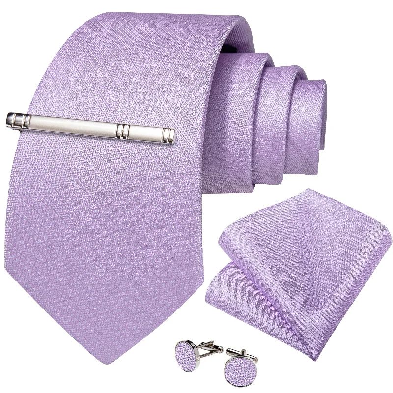 Men's plaid tie-Purple Solid Men's Tie Handkerchief Cufflinks Clip Set