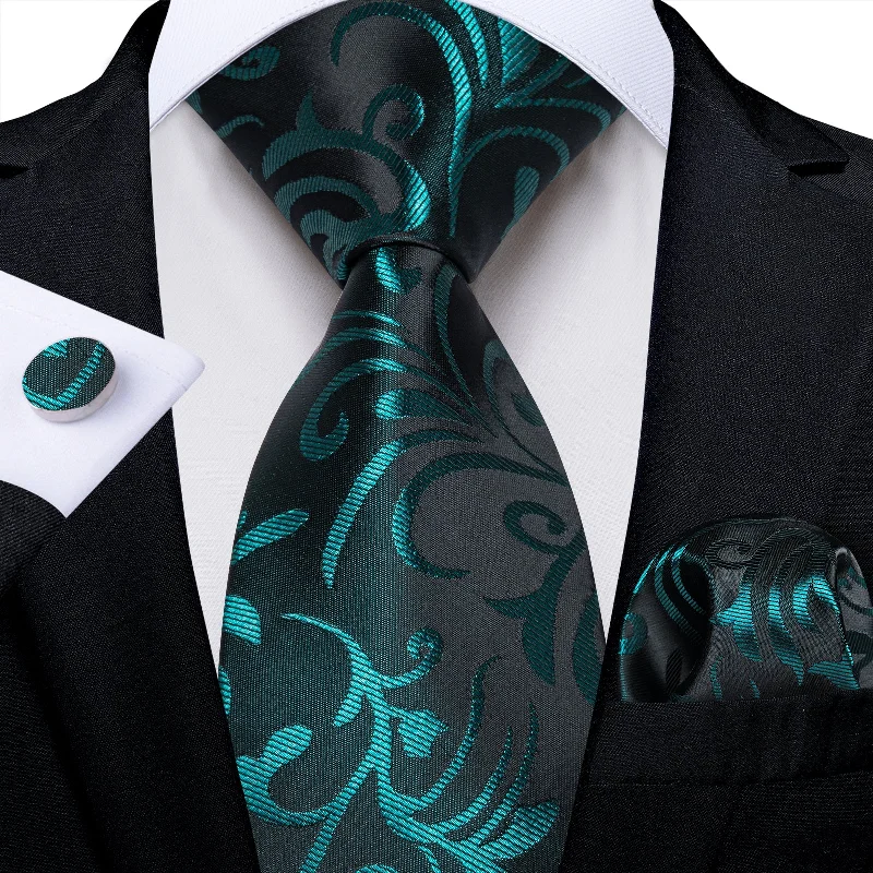 Men's formal tie for dinner events-Black Teal Floral Men's Tie Pocket Square Handkerchief Set