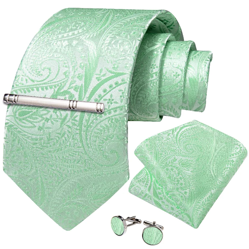 Men's tie with floral print-Mint Green Floral Men's Tie Handkerchief Cufflinks Clip Set