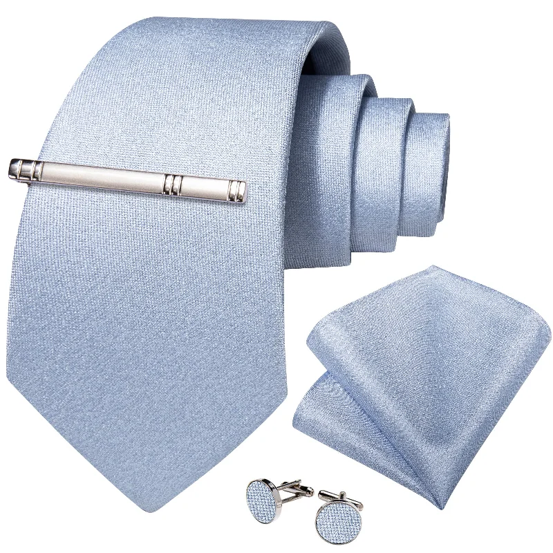 High-quality men's tie-Light Blue Solid Men's Tie Handkerchief Cufflinks Clip Set