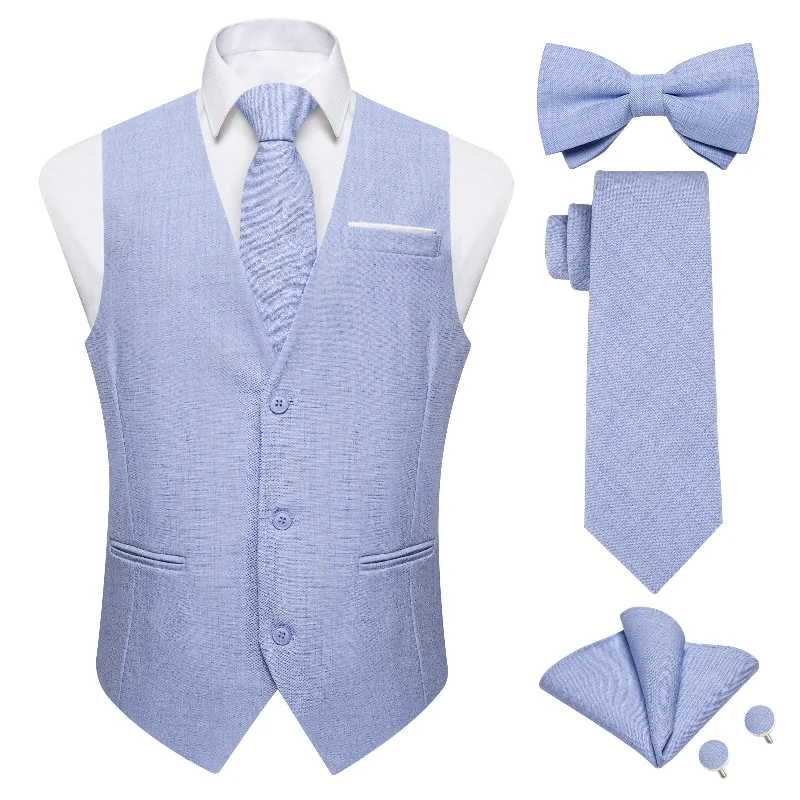 Men's tie with a unique pattern-Sky Blue Solid Jacquard V Neck Vest Neck Bow Tie Handkerchief Cufflinks Set