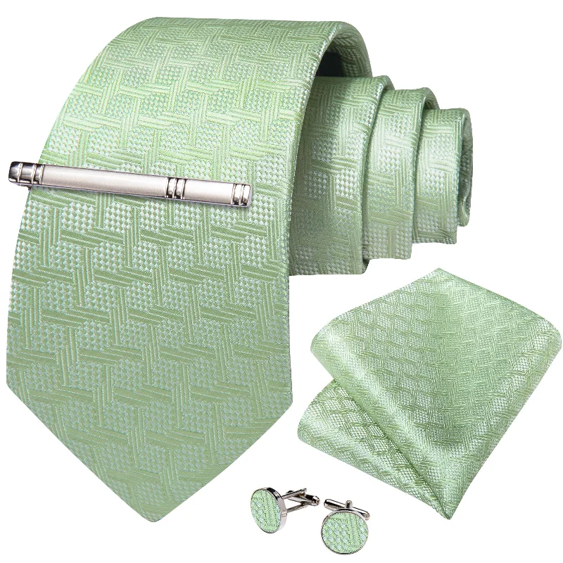 Men's tie with a diamond pattern-Green Plaid Men's Tie Handkerchief Cufflinks Clip Set