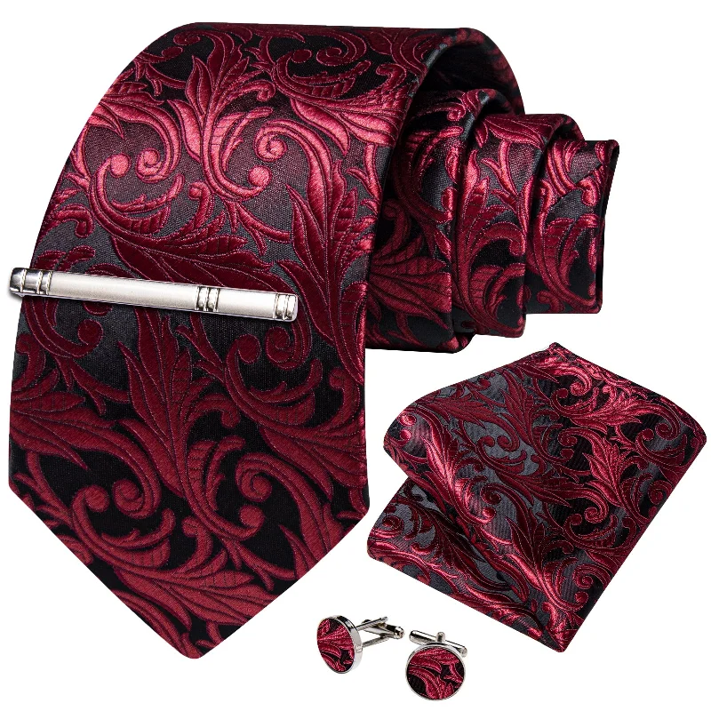 Affordable men's silk necktie-Red Floral Men's Tie Handkerchief Cufflinks Clip Set