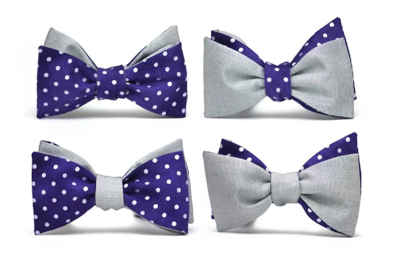 Men's silk tie with a refined texture-Purple Polka Dot Grey Solid Reversible Self-Tie Bow Tie