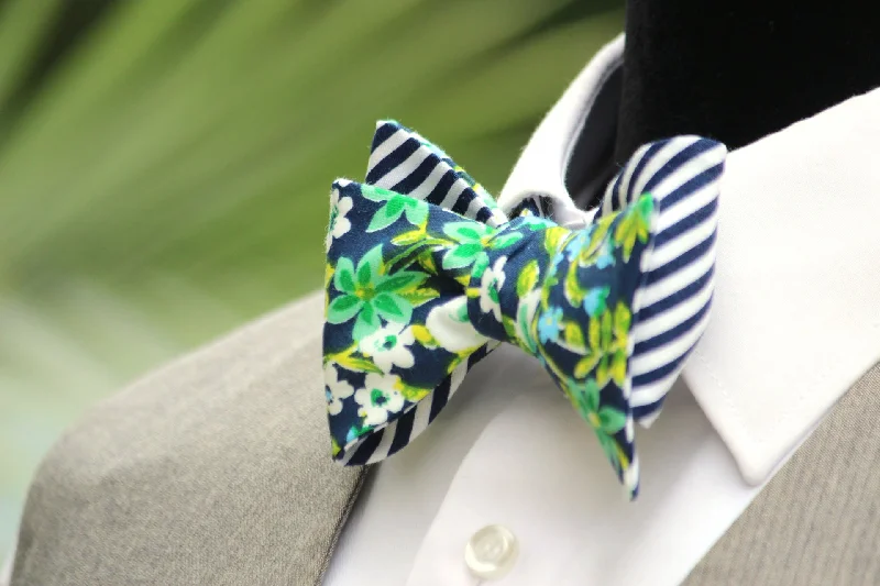 Men's necktie for evening attire-Green Floral Striped Reversible Self-Tie Bow Tie