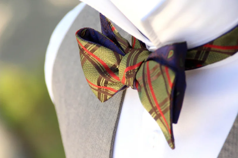 Men's tie for anniversary gift-Purple Paisley and Moss Green Plaid Reversible Self-Tie Bow Tie