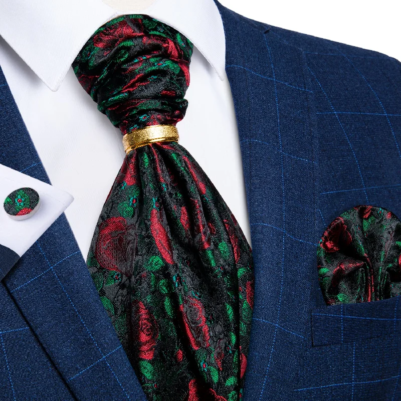 Men's tie for winter-Green Red Floral Silk Cravat Woven Ascot Tie Pocket Square Cufflinks With Tie Ring Set