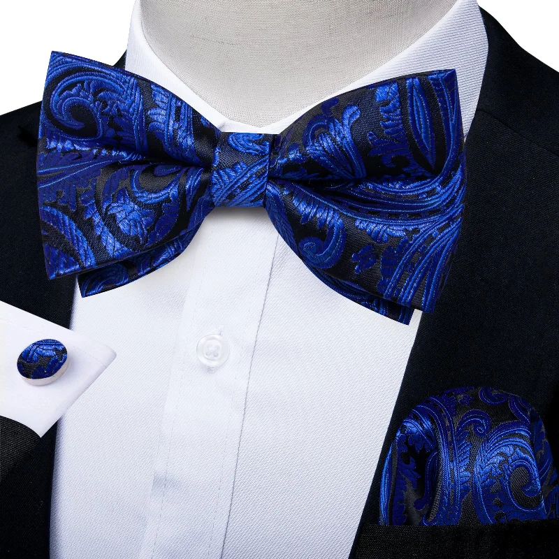 Men's tie with abstract pattern-Black Blue Floral Silk Men's Pre-Bowtie Pocket Square Cufflinks Set