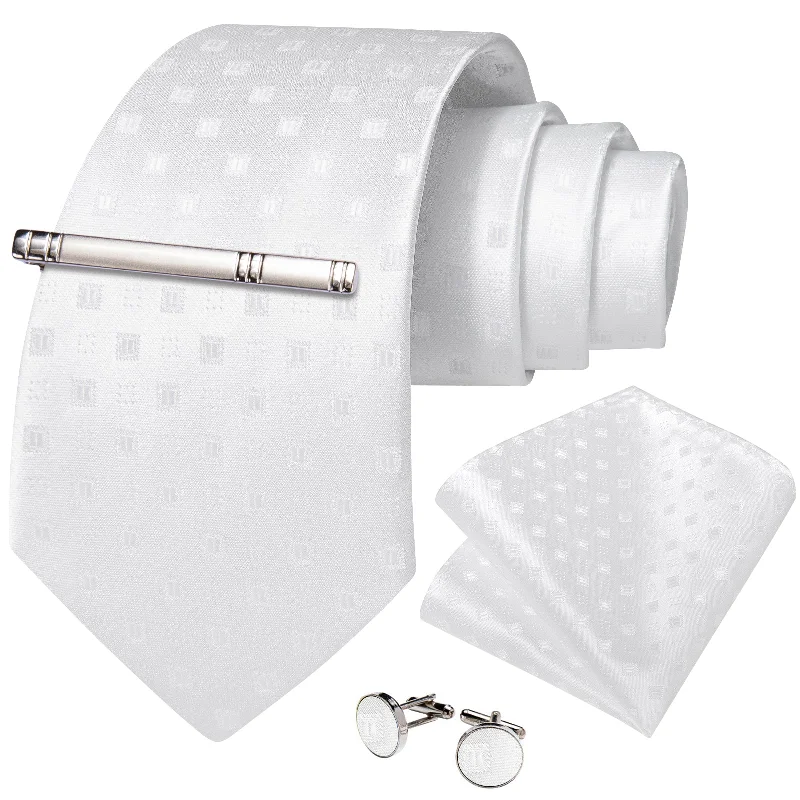 Trendy men's tie for evening wear-White Plaid Men's Tie Handkerchief Cufflinks Clip Set