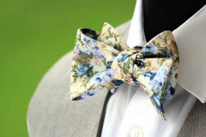 Men's silk tie-Grey Beige Blue Floral Self-Tie Bow Tie