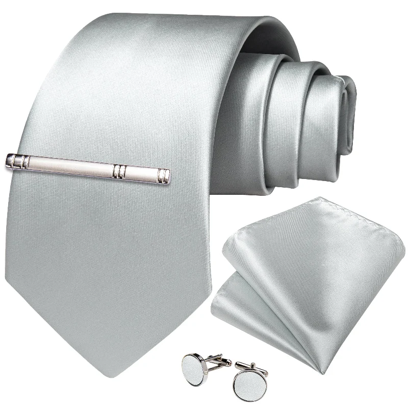 Stylish men's necktie for formal wear-Silver Solid Men's Tie Handkerchief Cufflinks Clip Set