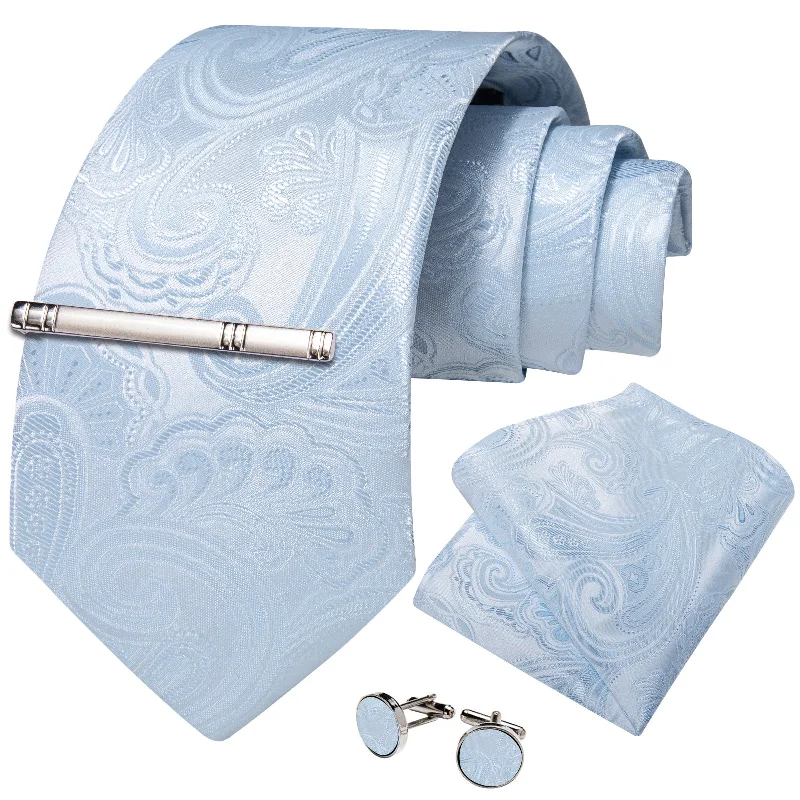 Customizable men's silk tie-Blue White Floral Men's Tie Handkerchief Cufflinks Clip Set