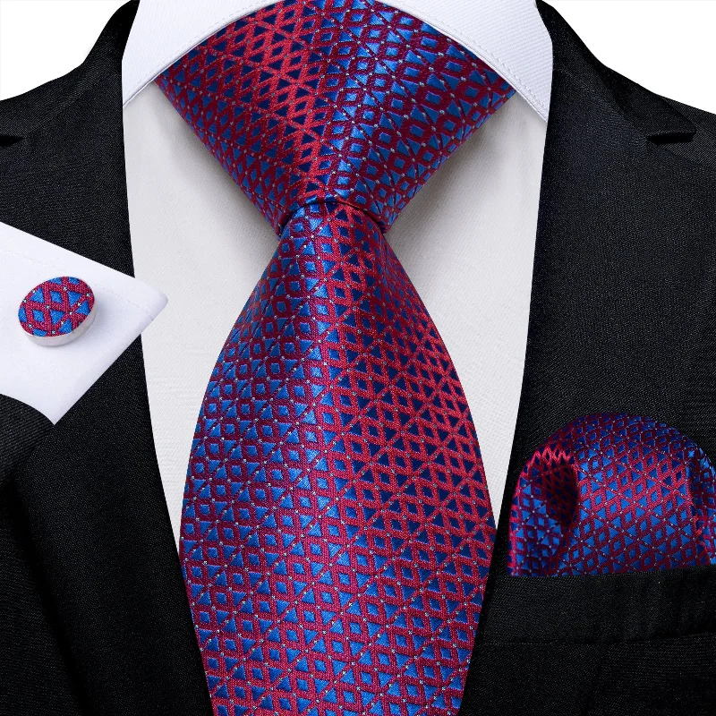 Men's tie for fancy dinners-Blue Red Striped Men's Tie Pocket Square Handkerchief Set