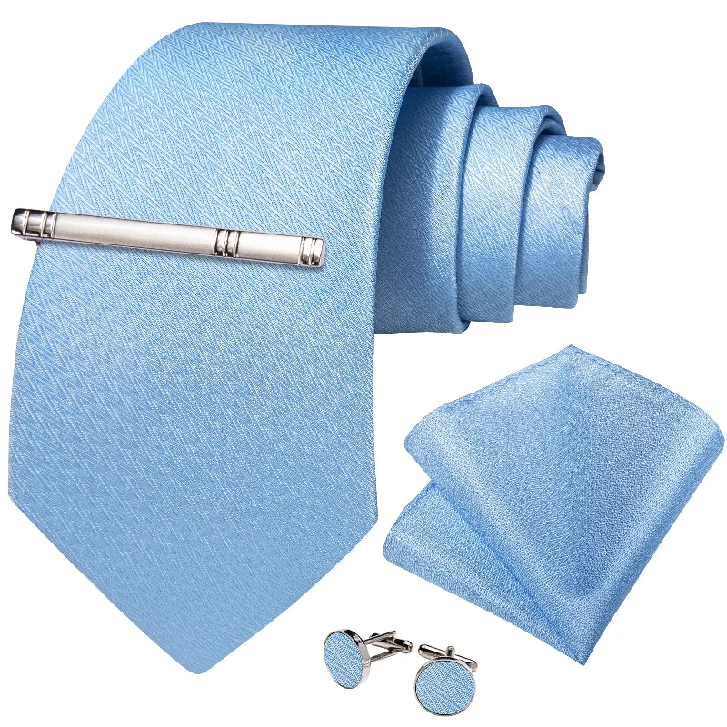 Men's tie with polka dots for summer-Sky Blue Solid Men's Tie Handkerchief Cufflinks Clip Set