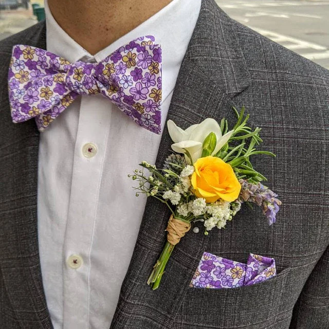 Men's tie with a checkered design-Purple Floral Self-Tie Bow Tie