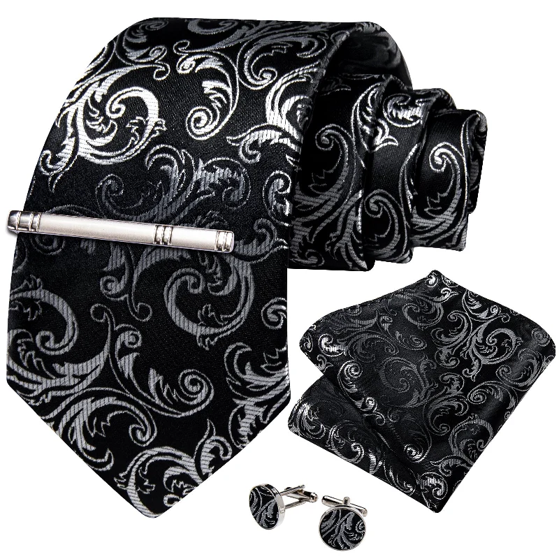 Eco-friendly men's tie-Black Silver Floral Men's Tie Handkerchief Cufflinks Clip Set