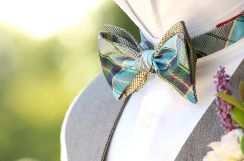 Professional men's silk tie-Blue Green Teal Plaid Gold Reversible Self-Tie Bow Tie