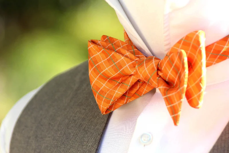 Men's tie for board meetings-Orange Plaid Self-Tie Bow Tie