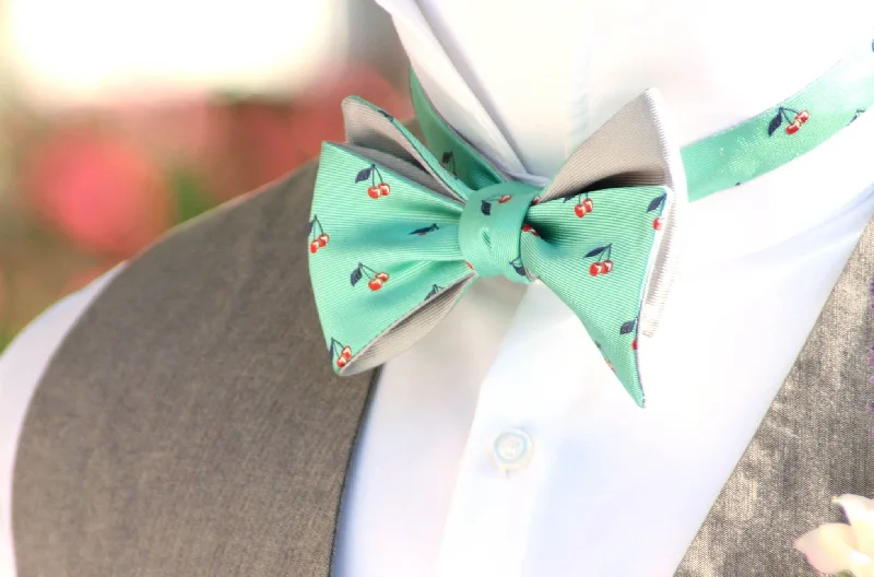 Men's tie for fancy dinners-Green Grey Reversible Self-Tie Bow Tie